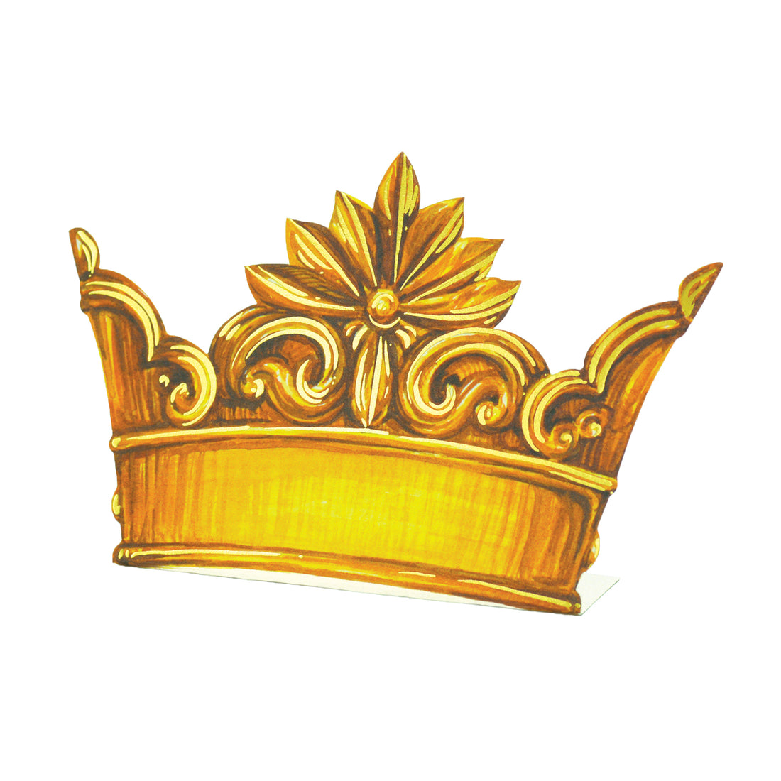 A die-cut freestanding place card featuring an illustrated yellow-gold crown with ornate details along the top edge, and a wide band along the bottom.