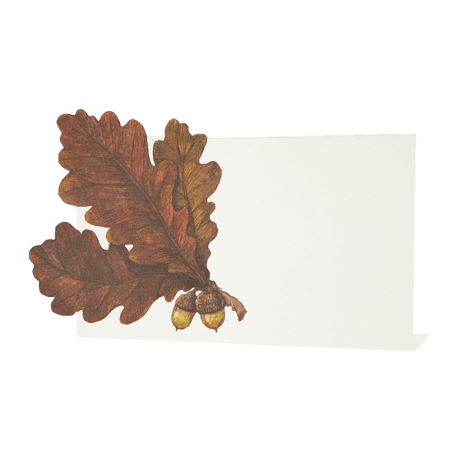 A rectangular, die-cut, free-standing white place card featuring three orange-brown oak leaves and two acorn adorning the left side.