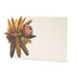 A white, rectangular freestanding place card featuring a bundle of three cobs of maize with other fall foliage, tied together by the husks, adorning the left side of the card.