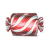 A die-cut, freestanding place card depicting a vintage-style, wrapped peppermint hard candy.