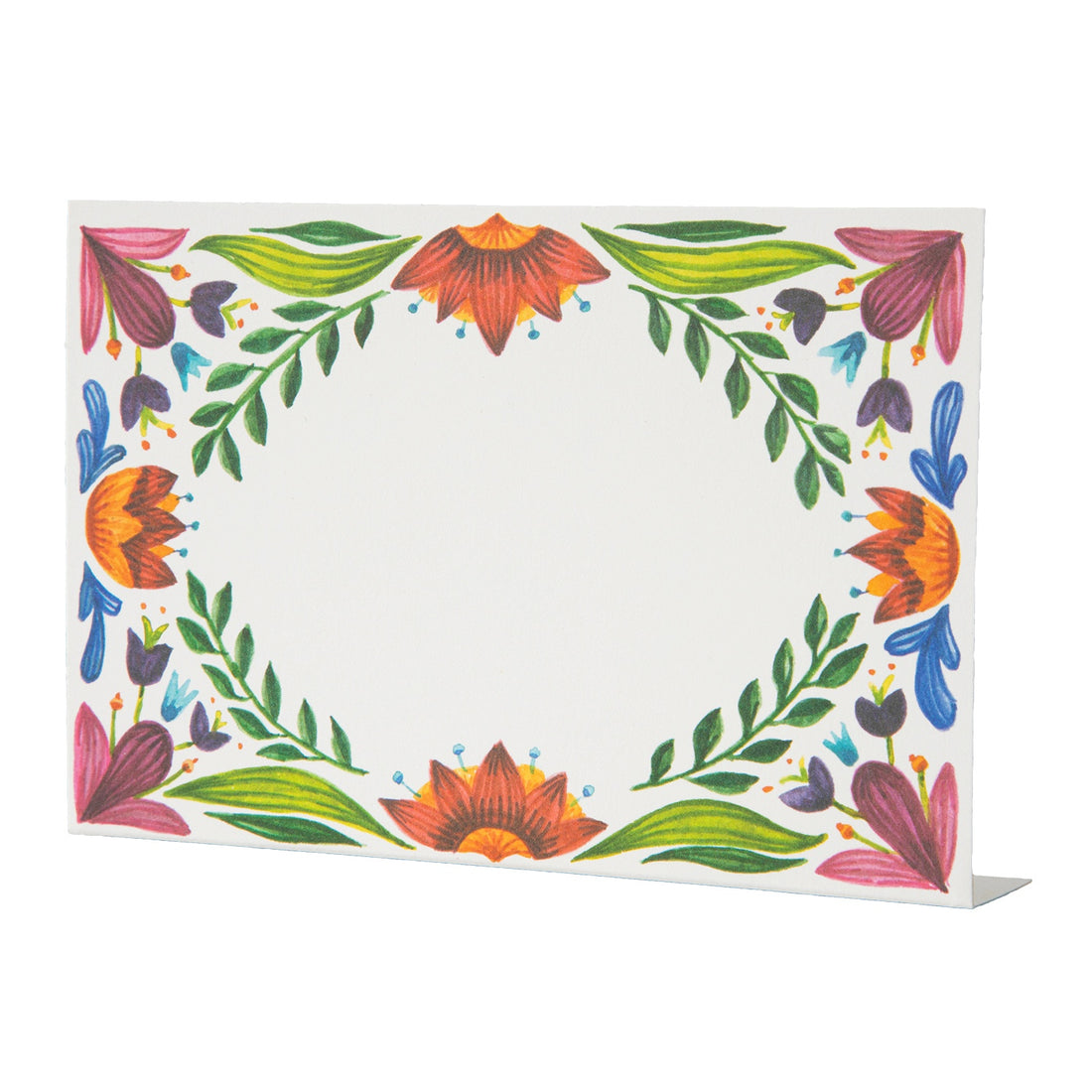 A rectangular, freestanding Fiesta Floral place card featuring colorful Mexican-inspired floral design on a white background by Hester &amp; Cook.