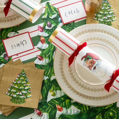 The Die-cut Vintage Christmas Tree Placemat under an elegant table setting featuring Vintage Christmas Tree Napkins.