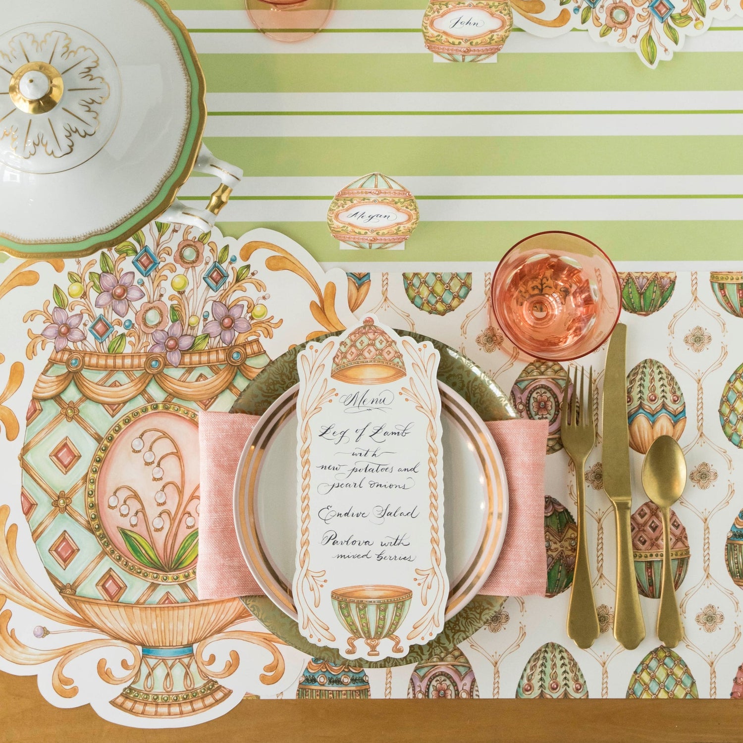 The Exquisite Egg Hunt Placemat under an elegant spring table setting, from above.