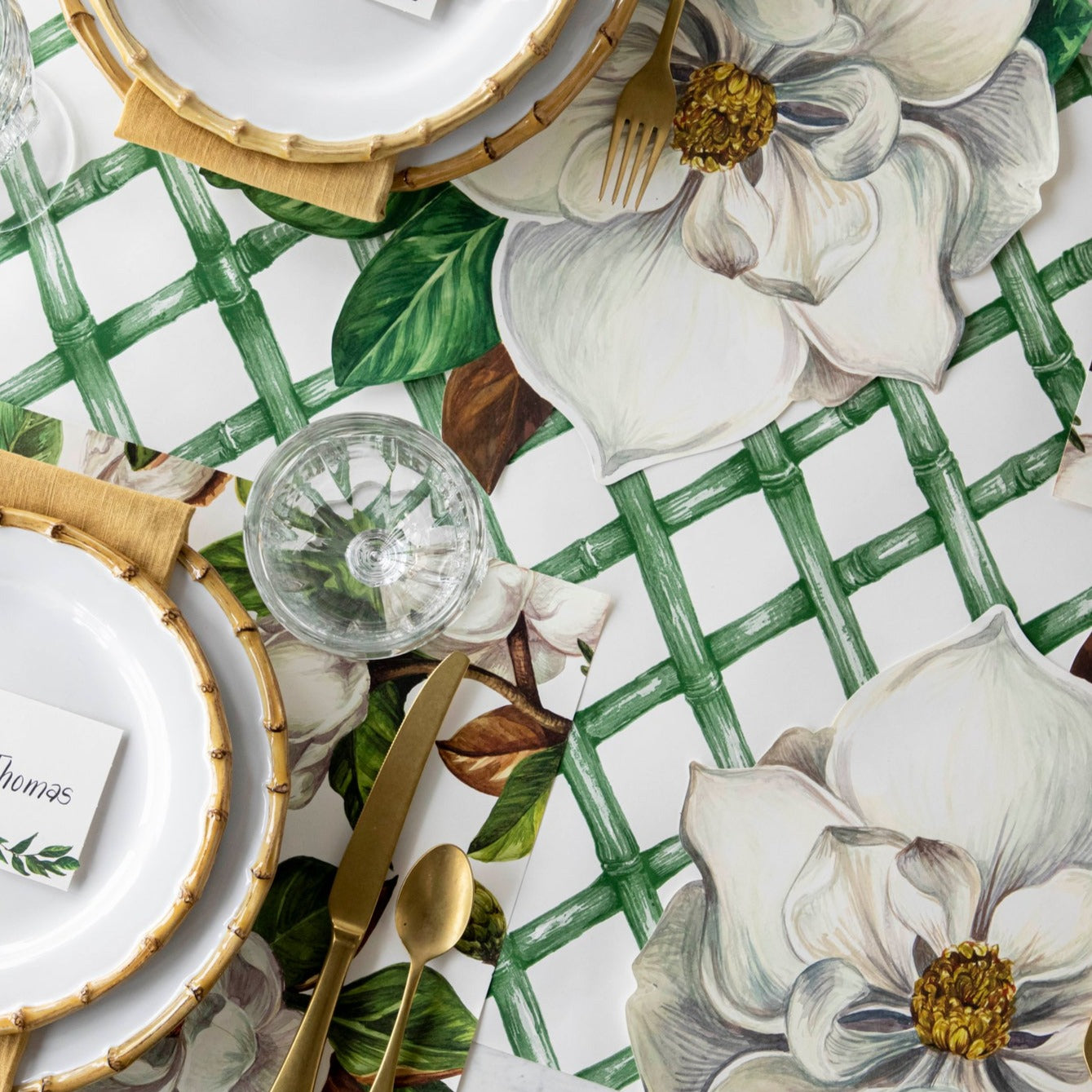 The Green Lattice Runner under an elegant table setting, from above.