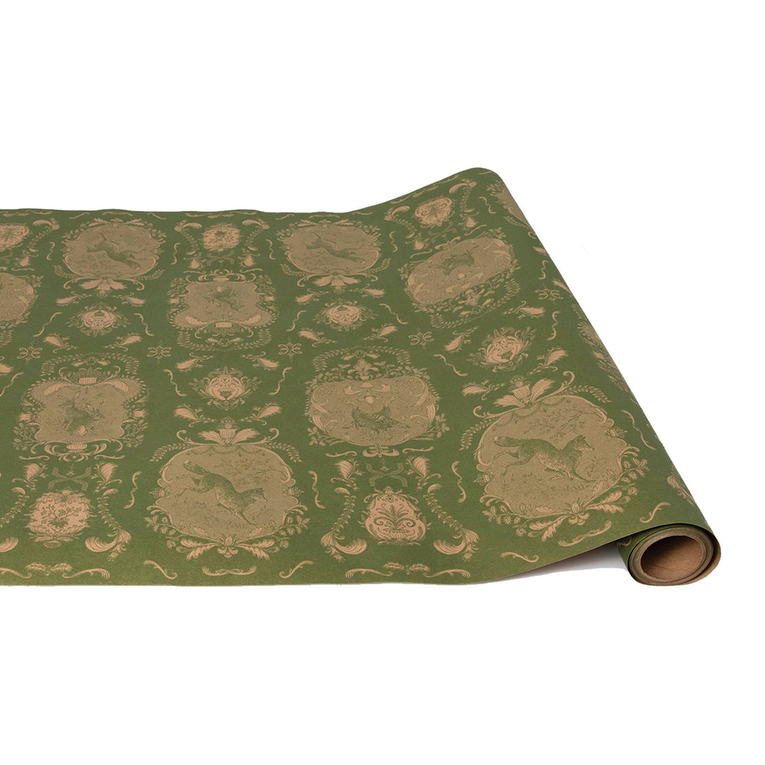 A paper roll table runner featuring a toile-style illustration of detailed filigree around vignettes containing forest animals, all in monochrome green printed on tan kraft paper.