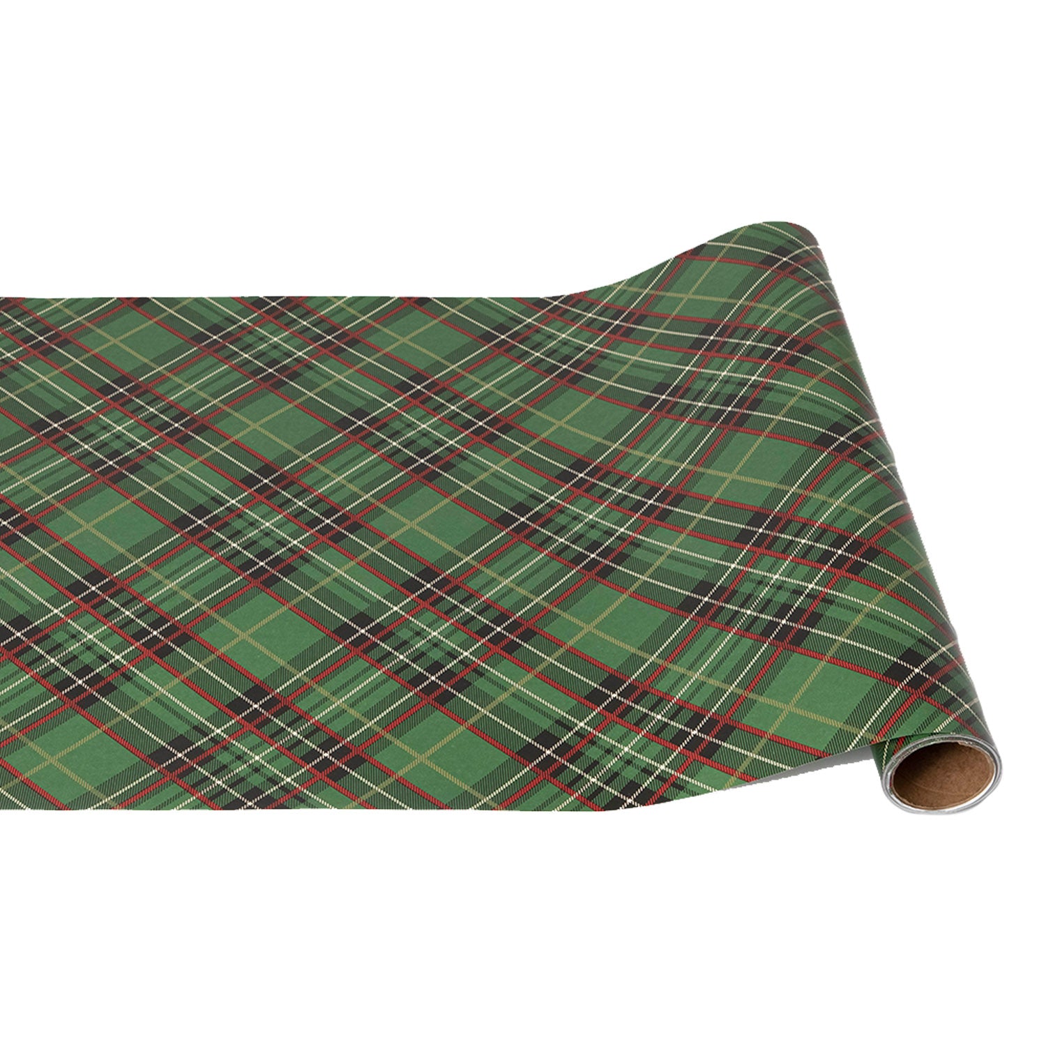 A paper runner roll featuring a large-scale diagonal plaid pattern of black, red and white over medium green.