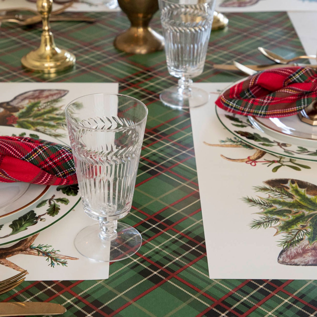 The Green Plaid Runner under an elegant Christmas table setting.