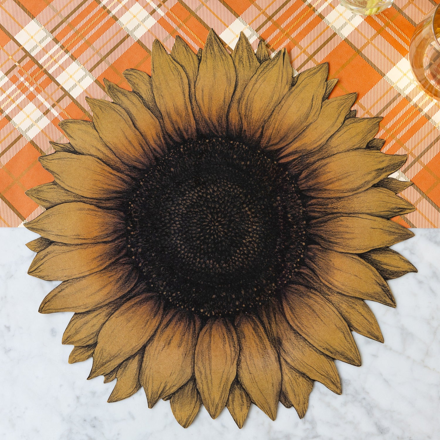 The Die-cut Vintage Sunflower Placemat on the Orange Plaid Runner.