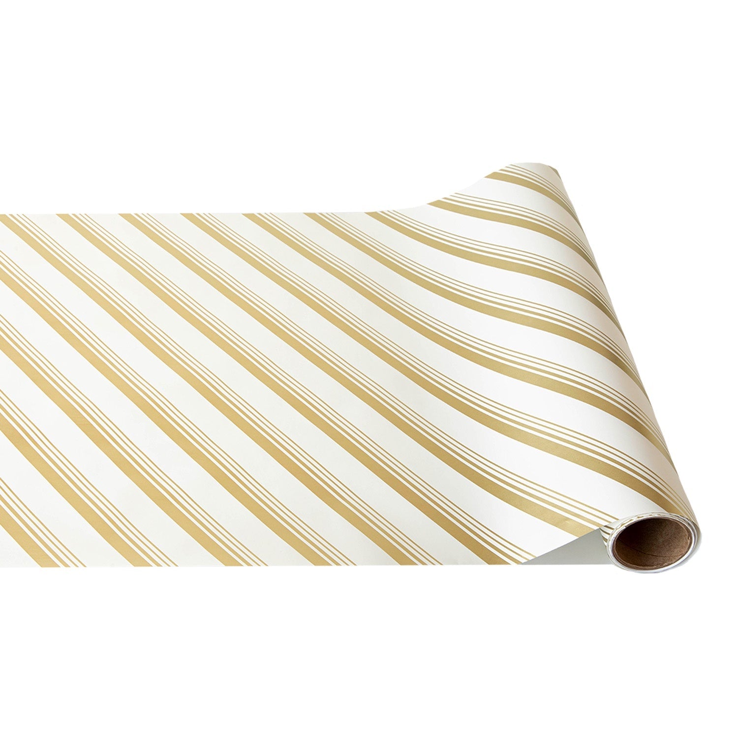 A rolled out roll of the Gold Peppermint Stripe Runner on a white background.