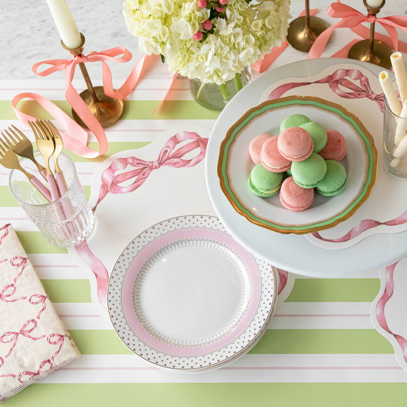 Green &amp; Pink Awning Stripe Runner styled on a pink bow themed table.