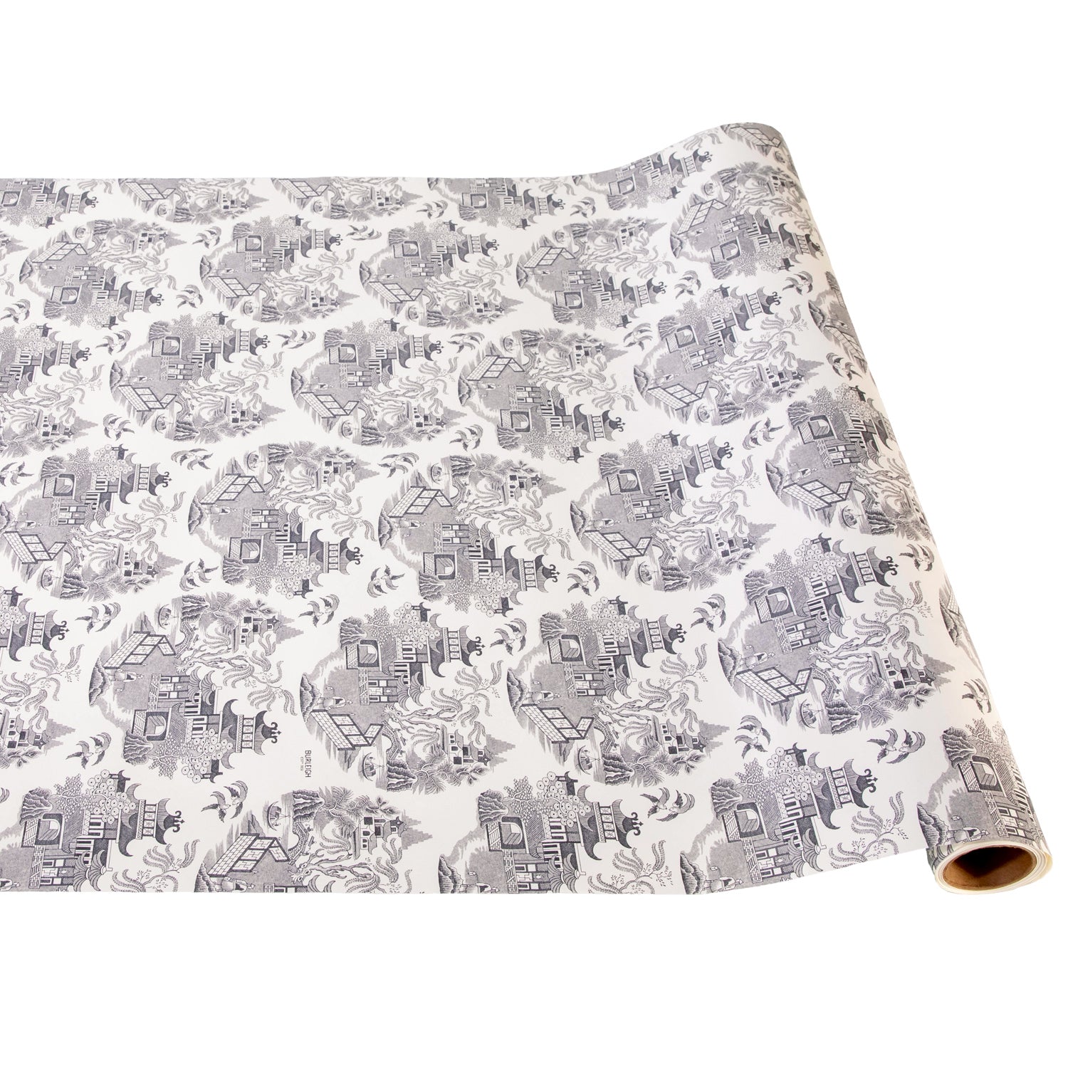 Black Willow Table Runner designed with  elements of the classic Blue Willow design  in rich black tones. This wide width paper toile is reminiscent of a luxurious fabric design. 