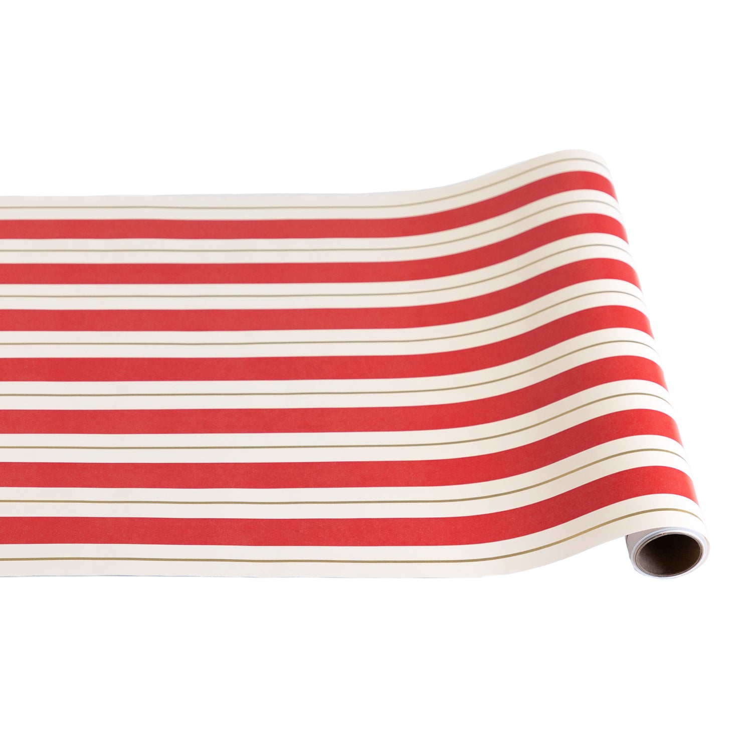 The Red &amp; Gold Awning Stripe Runner rolled out, against a white background.