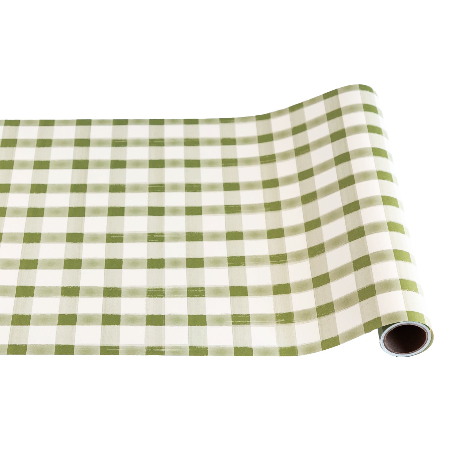 Moss Painted Check Runner rolled out against a white background.