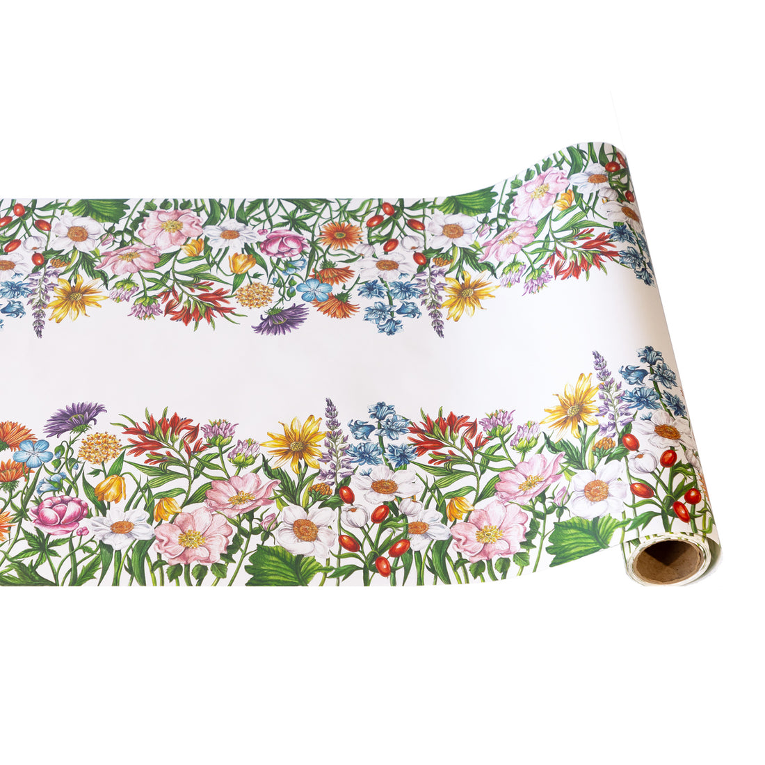 Roll of floral-patterned paper with a white background.