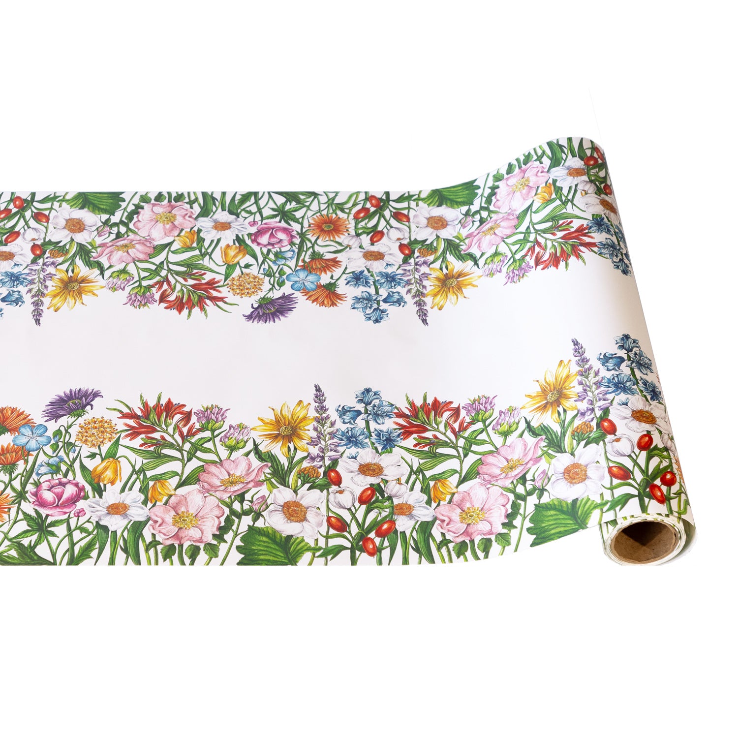 Roll of floral-patterned paper with a white background.