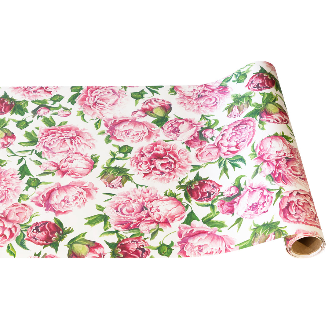 Roll of floral paper with peony flowers and green leaves on a white background.