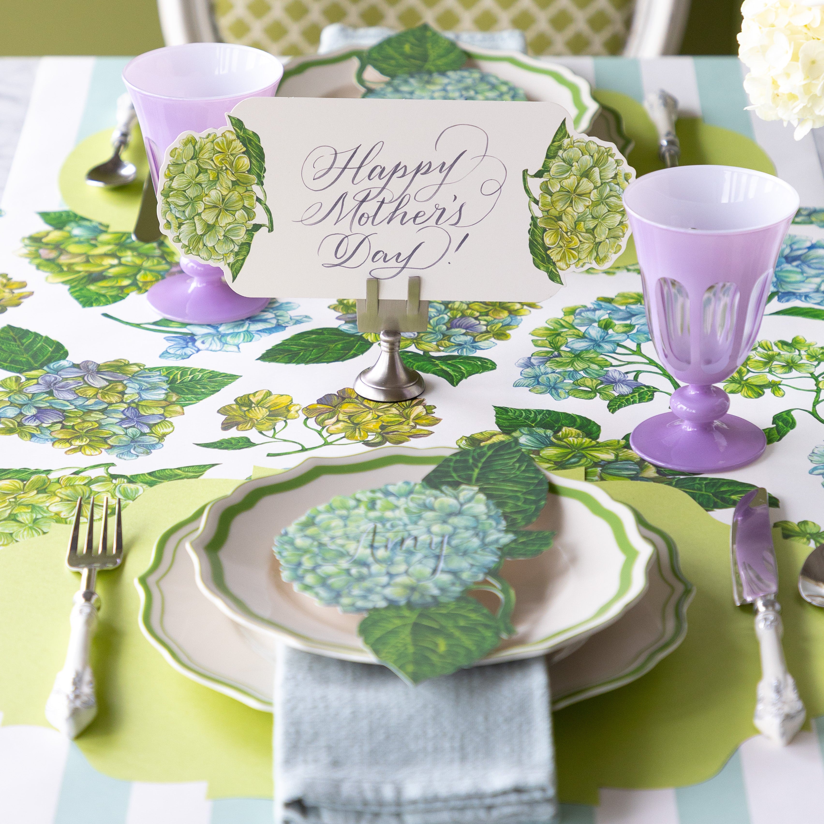 Decorative table setting with Hydrangea Runner, Die-cut Bright Green French Frame Placemat, Hydrangea Table Accent and Hydrangea Table Card with "Happy Mother&