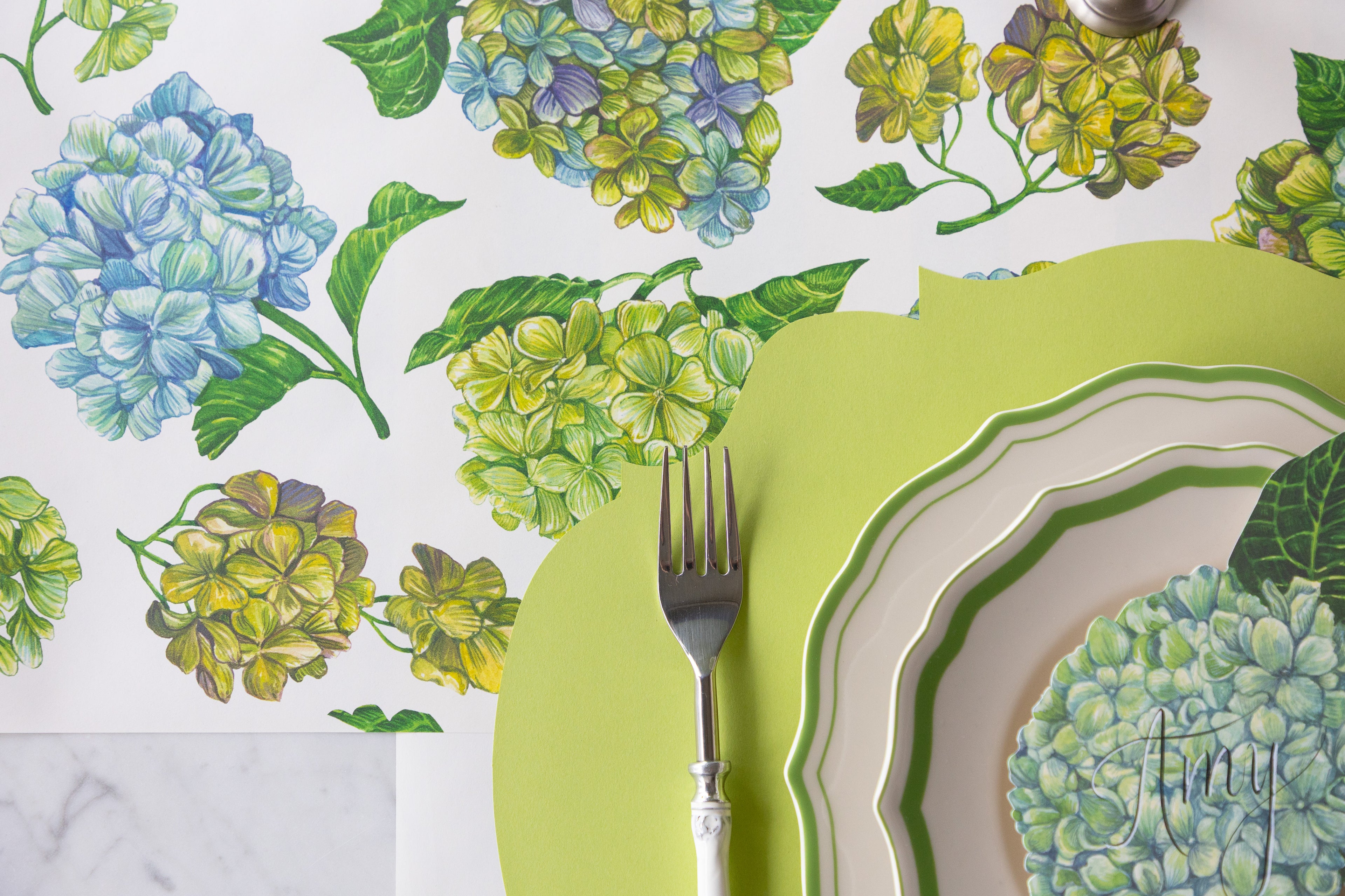 Decorative table setting with Hydrangea Runner.