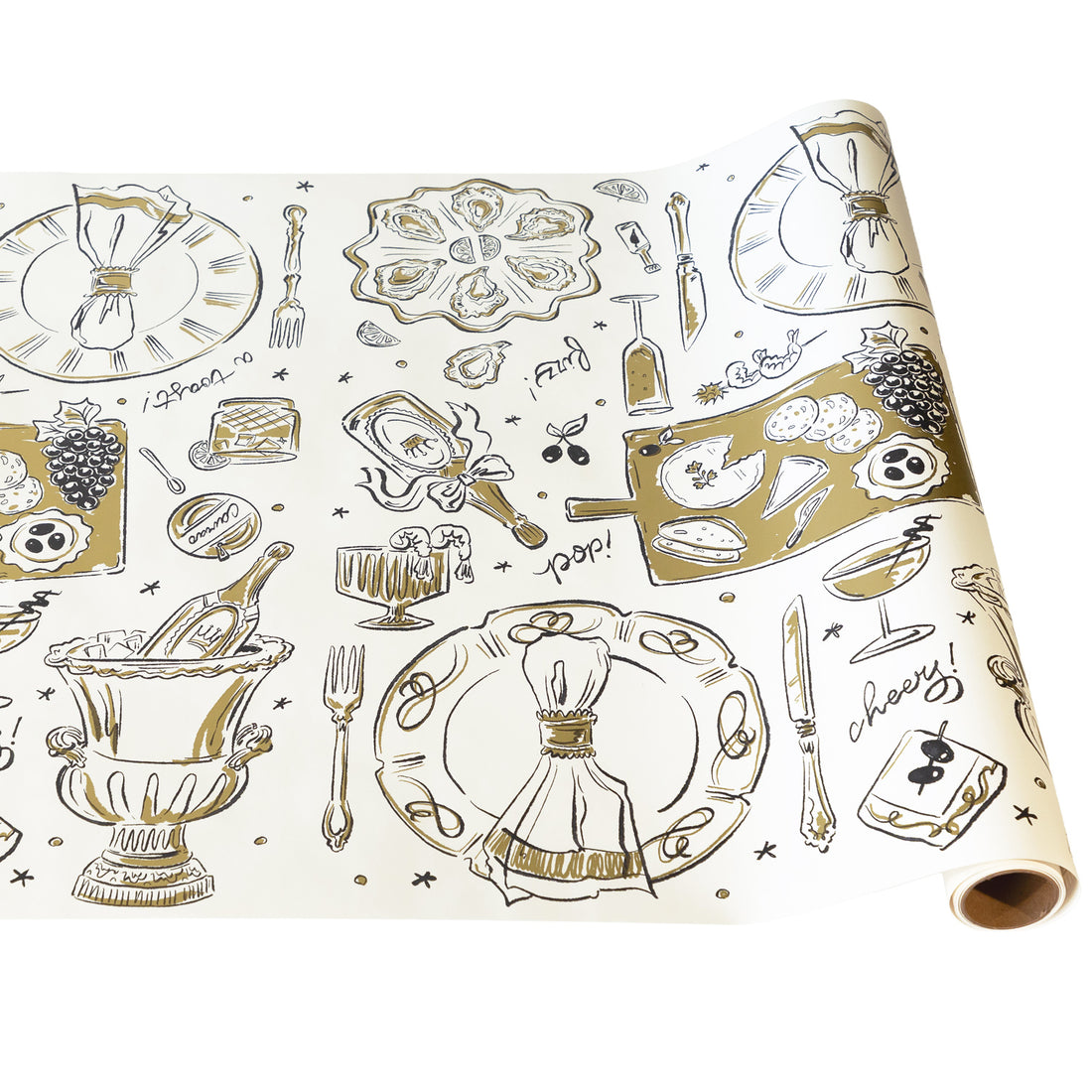 Table Runner with hand drawn illustrations of plates, bottles of champagne, silverware and other party items. 