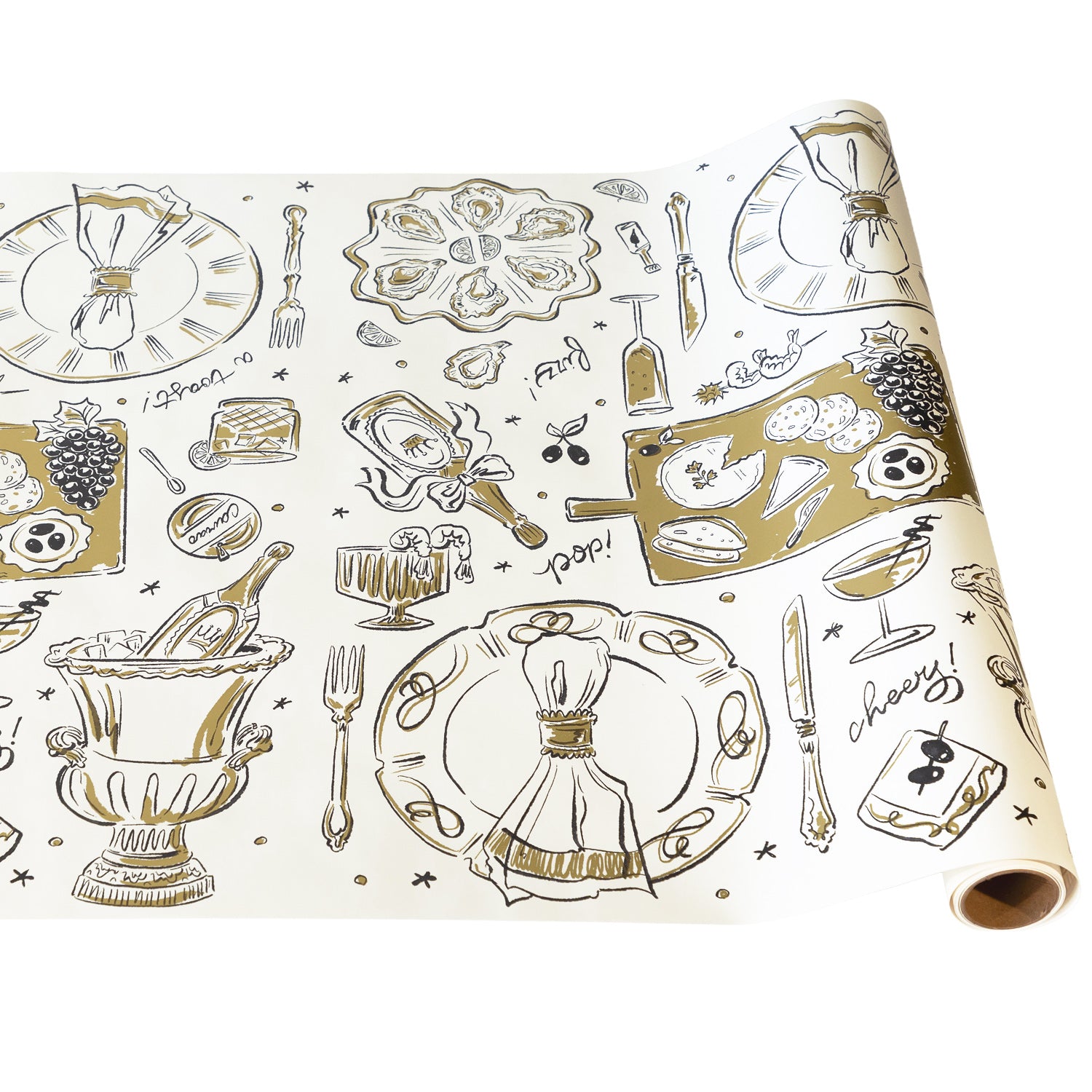 Table Runner with hand drawn illustrations of plates, bottles of champagne, silverware and other party items. 