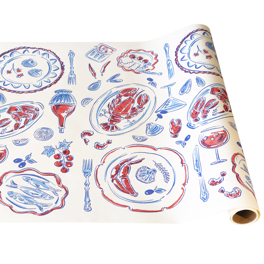 Roll of paper with red and blue food illustrations on a white background.
