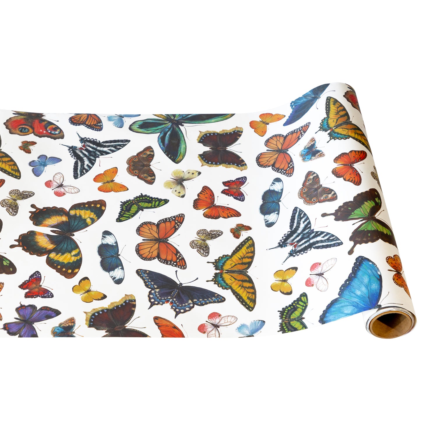Roll of paper with colorful butterfly pattern on a white background.