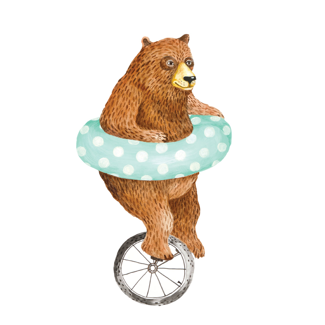 A bear illustrated balancing on a unicycle with a polka-dotted inner tube around its waist, featured as a Nice Wheels Bear Table Accent by Hester &amp; Cook.
