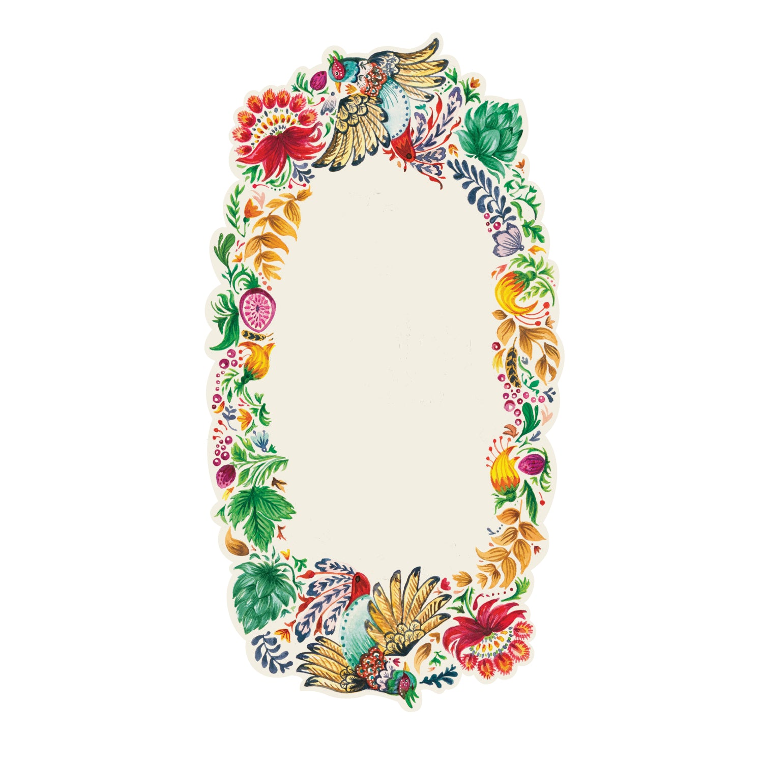 A hand-painted colorful floral design on a white Bountiful Frame Table Accent by Hester &amp; Cook.