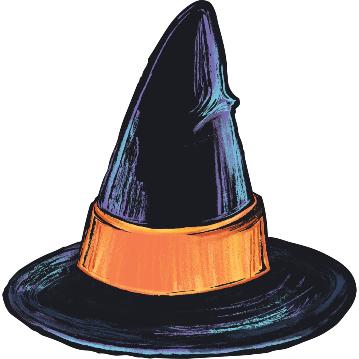 A die-cut illustration of a pointy black witch hat with a wide orange band, perfect for personalization.