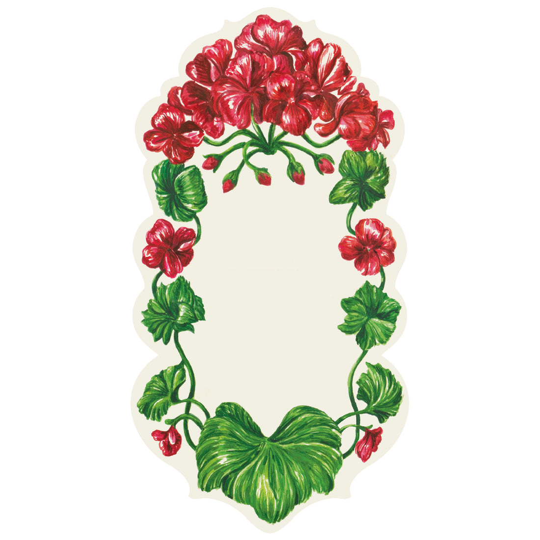 A die-cut white table accent framed by illustrated red geranium blooms and green leaves and stems, leaving a blank area in the middle for personalization.