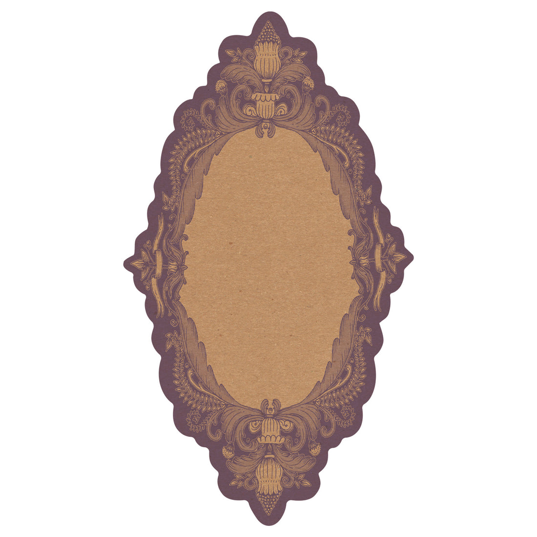 A die-cut, scalloped kraft paper table accent with an ornate, French toile-style design in purple around the edges.