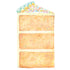 A die-cut illustration of a tall, three-layer yellow cake with cream frosting and colorful icing and sprinkles decorating the top.