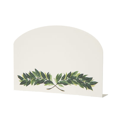 A white Laurel Place Card with green leaves on it, perfect for place cards or buffet labels, offered by Hester &amp; Cook.