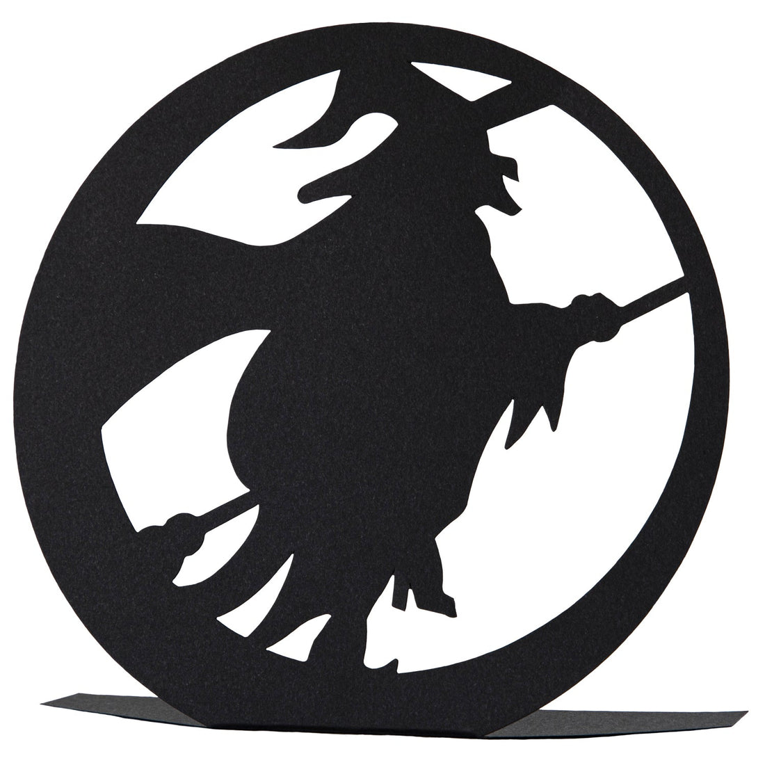 5.4" x 5.3"  Silhouette of a wicked witch on a broom, place card on a white background.