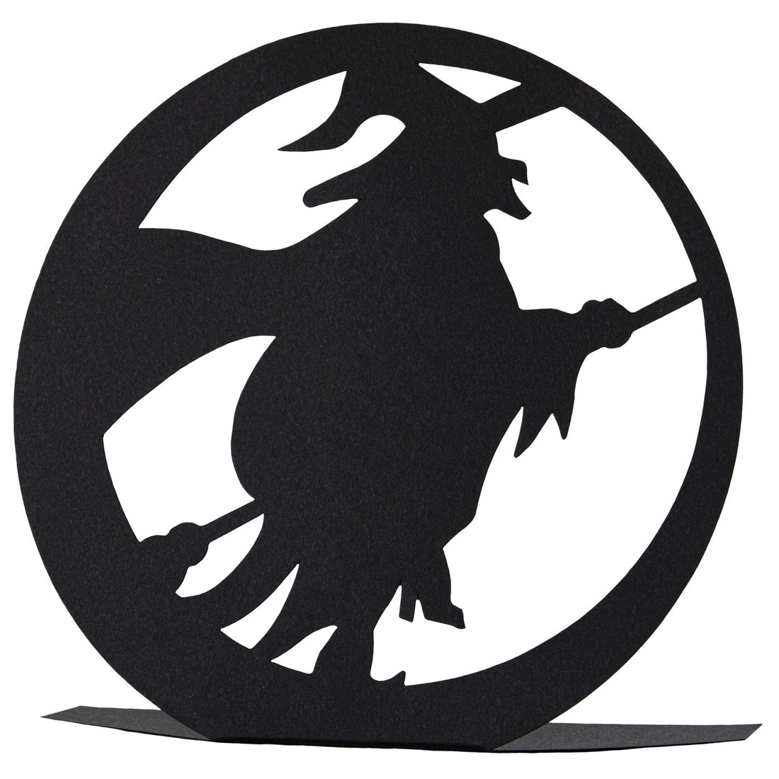 5.4&quot; x 5.3&quot;  Silhouette of a wicked witch on a broom, place card on a white background.