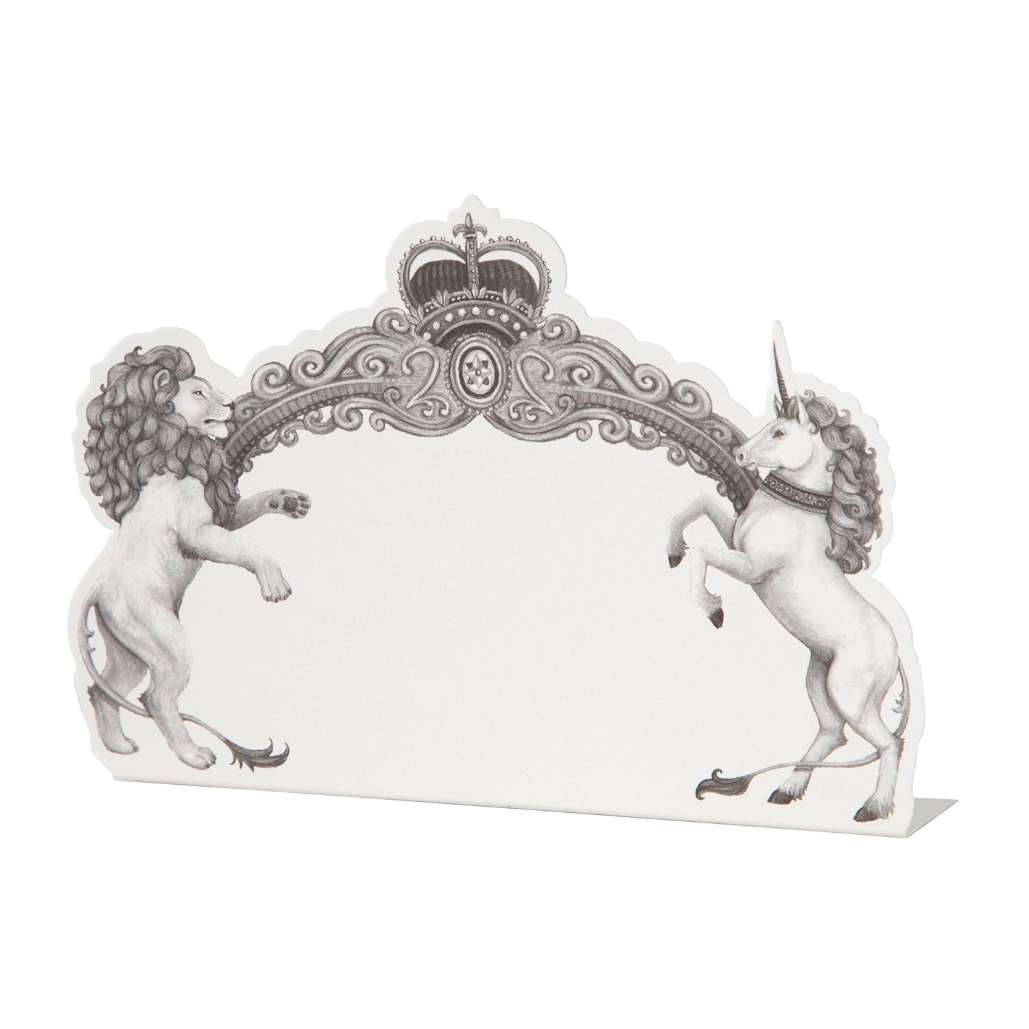 The Regal Crest Place card featuring a lion and unicorn on either side, with space in the middle for writing.