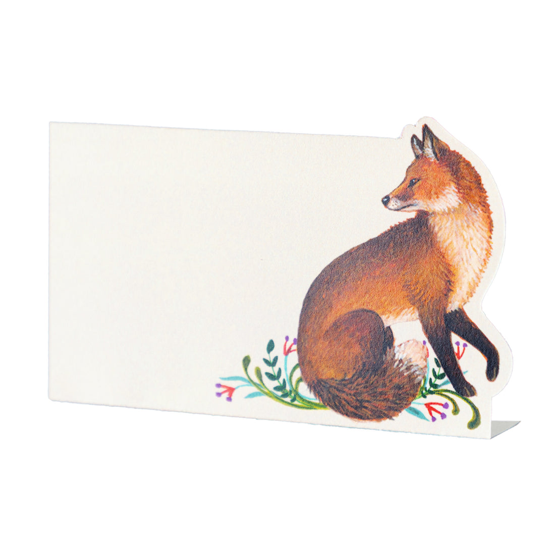 A blank rectangular place card features an illustration of a sitting fox on the right side, surrounded by small colorful plants.