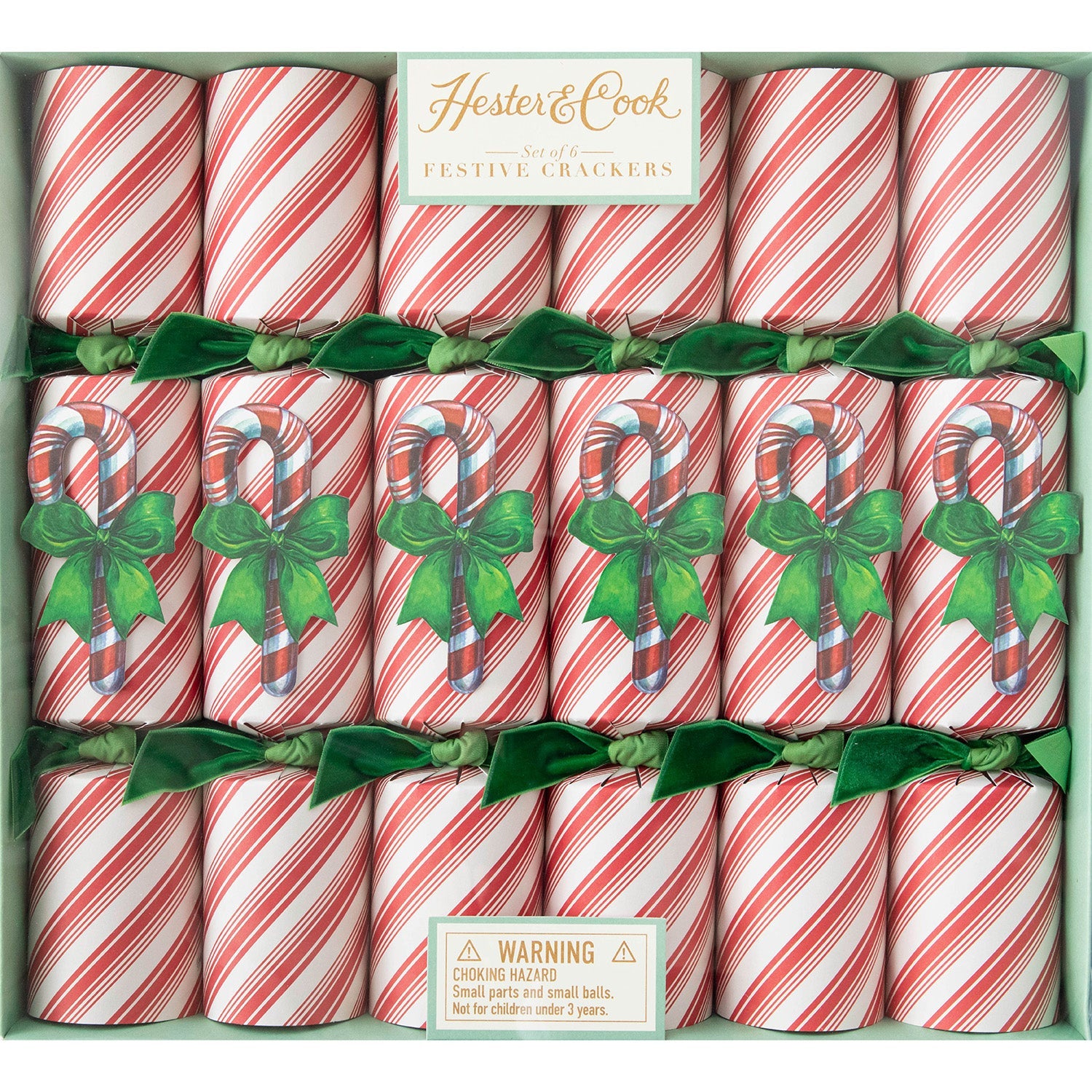 A set of 6 Festive Candy Cane Stripe Crackers with a green velvet ribbon and candy cane accent.