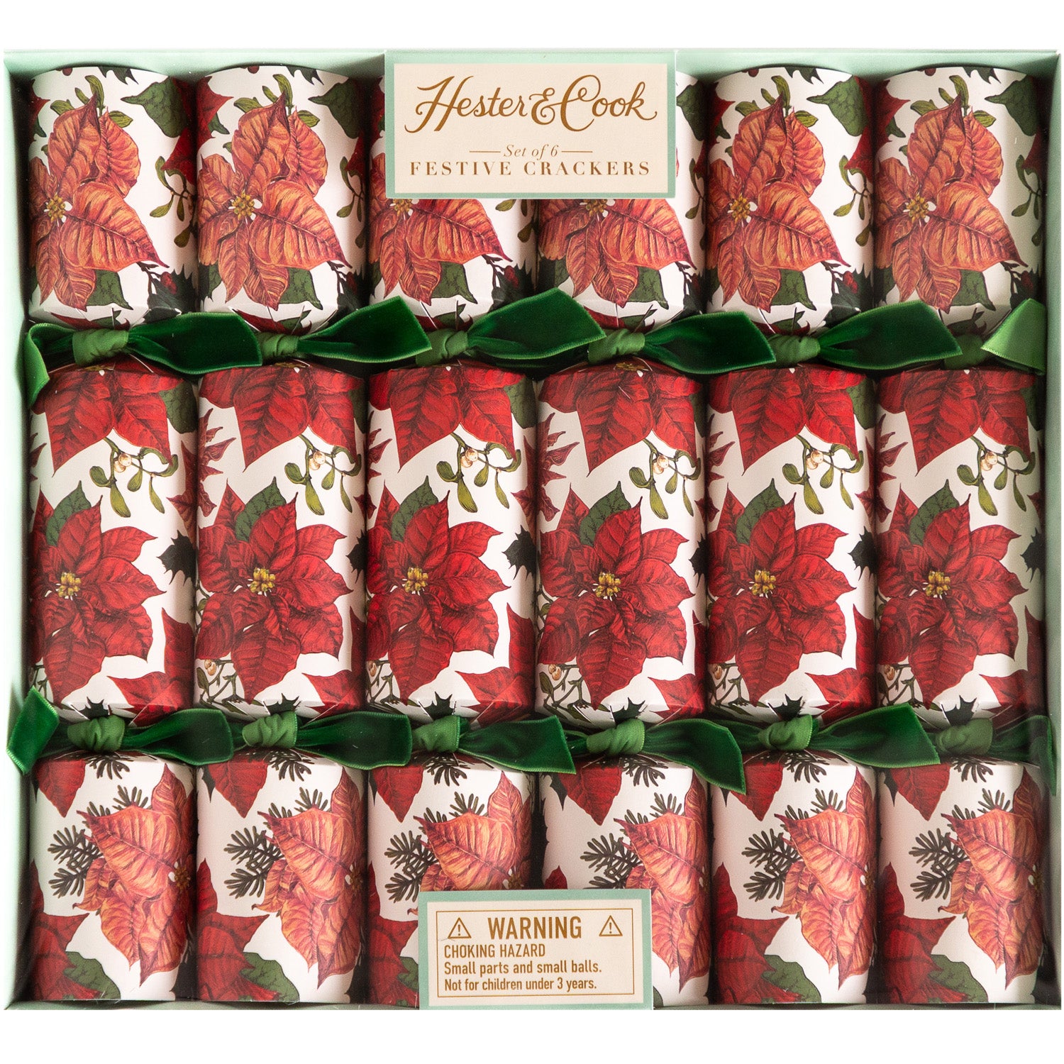 A boxed set of 6 of Poinsettia Crackers, beautifully decorated with red poinsettias and green velvet bows.