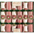 A box of Hester & Cook Holiday Wreath Crackers; some decorated with a wreath lattice pattern and others a red and green stripe pattern––all tied with green velvet ribbons.