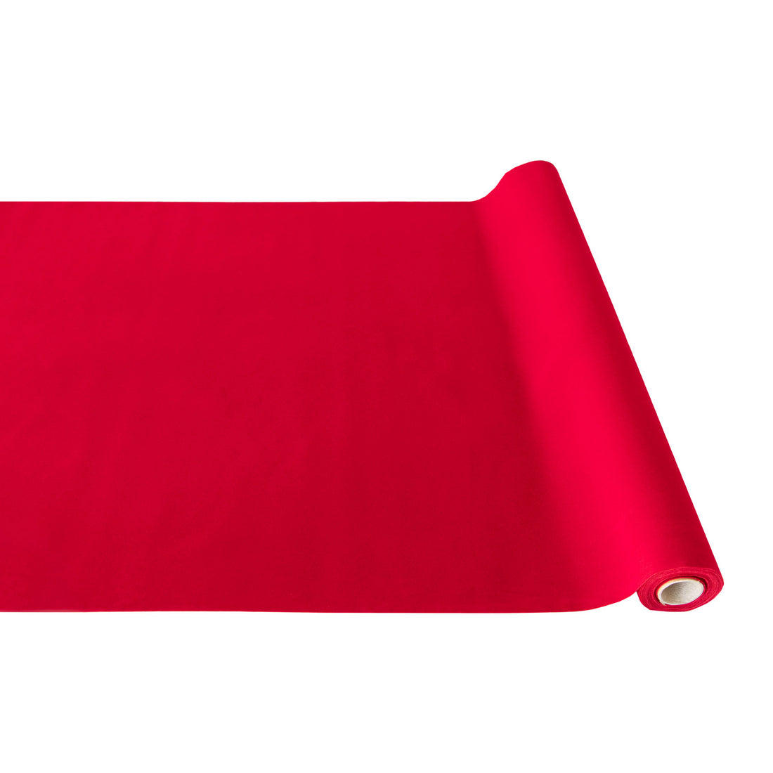 A roll of Red Flocked Runner rolled out on a white background.