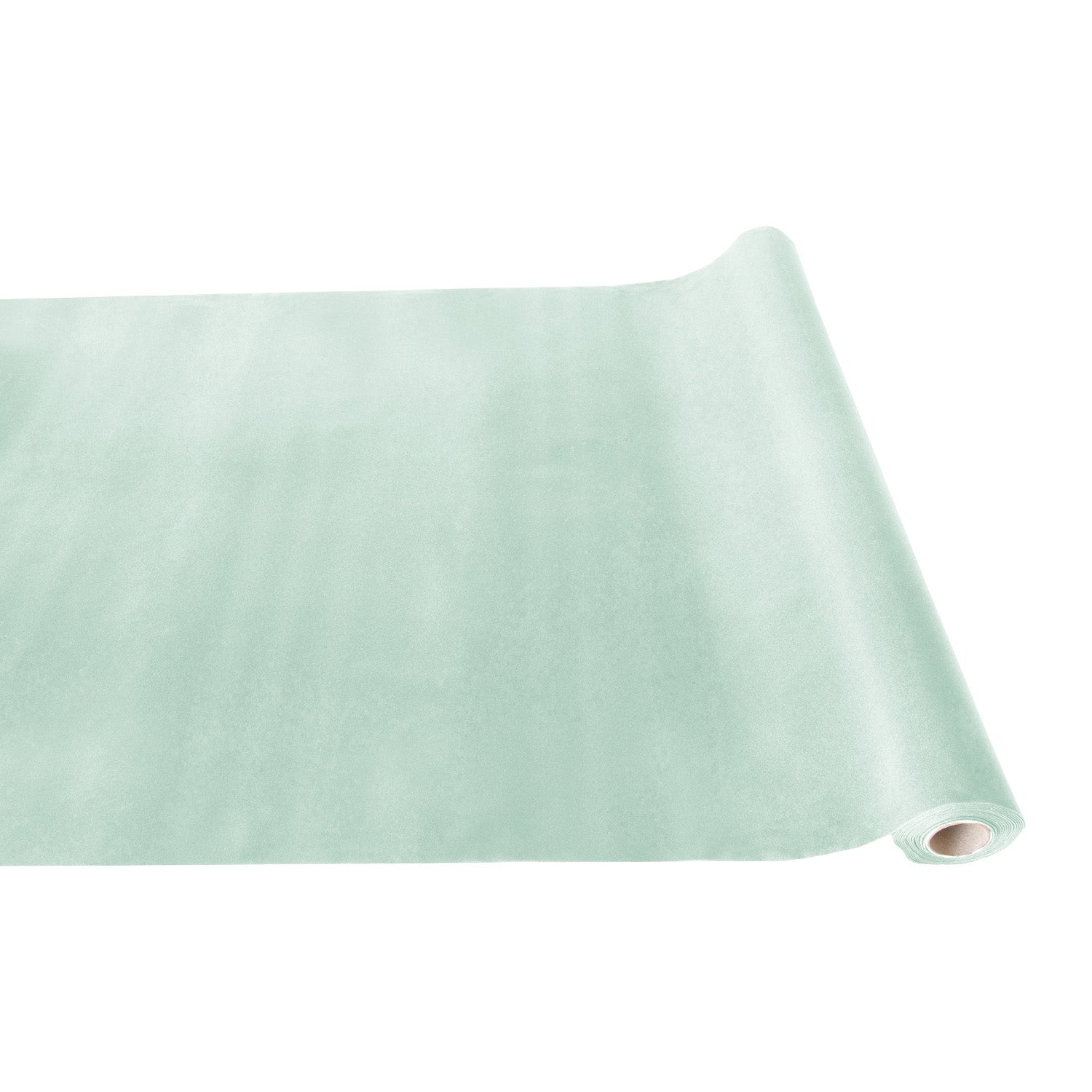 Roll of light green fabric on a white background.