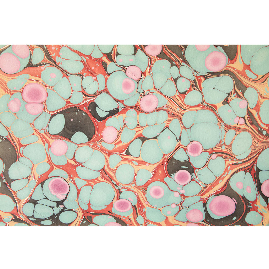 An abstract, marbled pattern consisting of bubbles of seafoam, pink and dark grey, over a swirled background of red and gold.