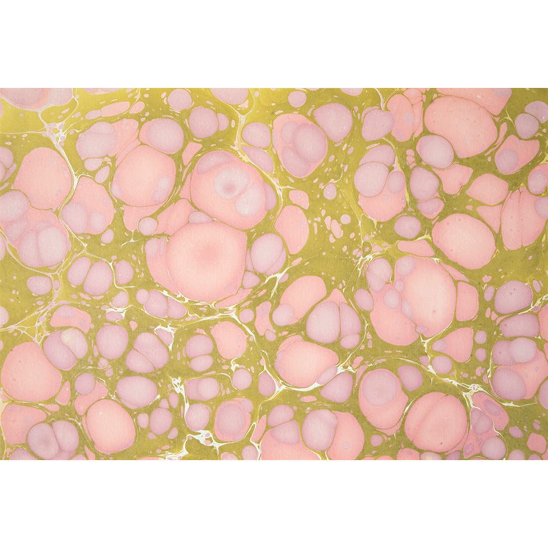 An abstract, marbled pattern of light pink bubbles surrounded by golden green.