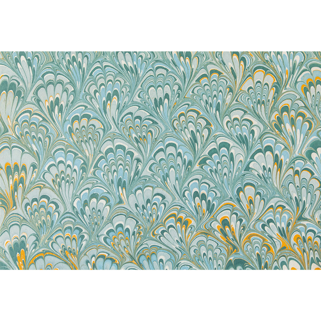 An abstract, marbled pattern resembling a grid of fans in teal, light blue, and sea foam with marigold accents.