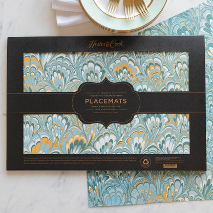 Blue &amp; Gold Peacock Marbled Placemat