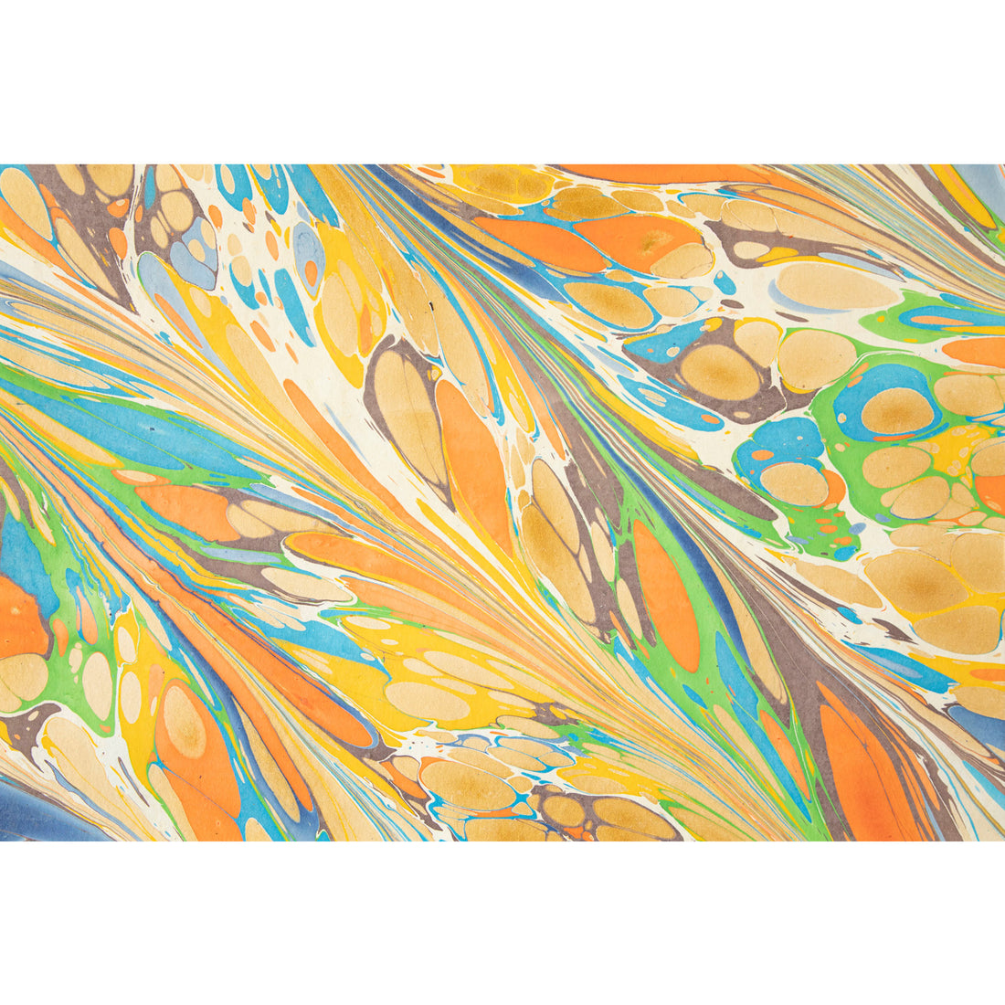 An abstract, marbled pattern featuring spots of orange, blue, green, marigold, cream and brown on white, swiped together in alternating diagonal strokes.