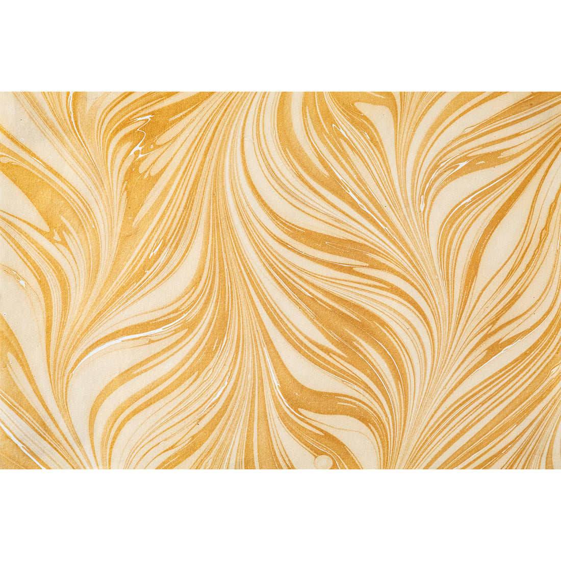 An abstract, marbled pattern of gold swirled with white in alternating up and down sweeps. 