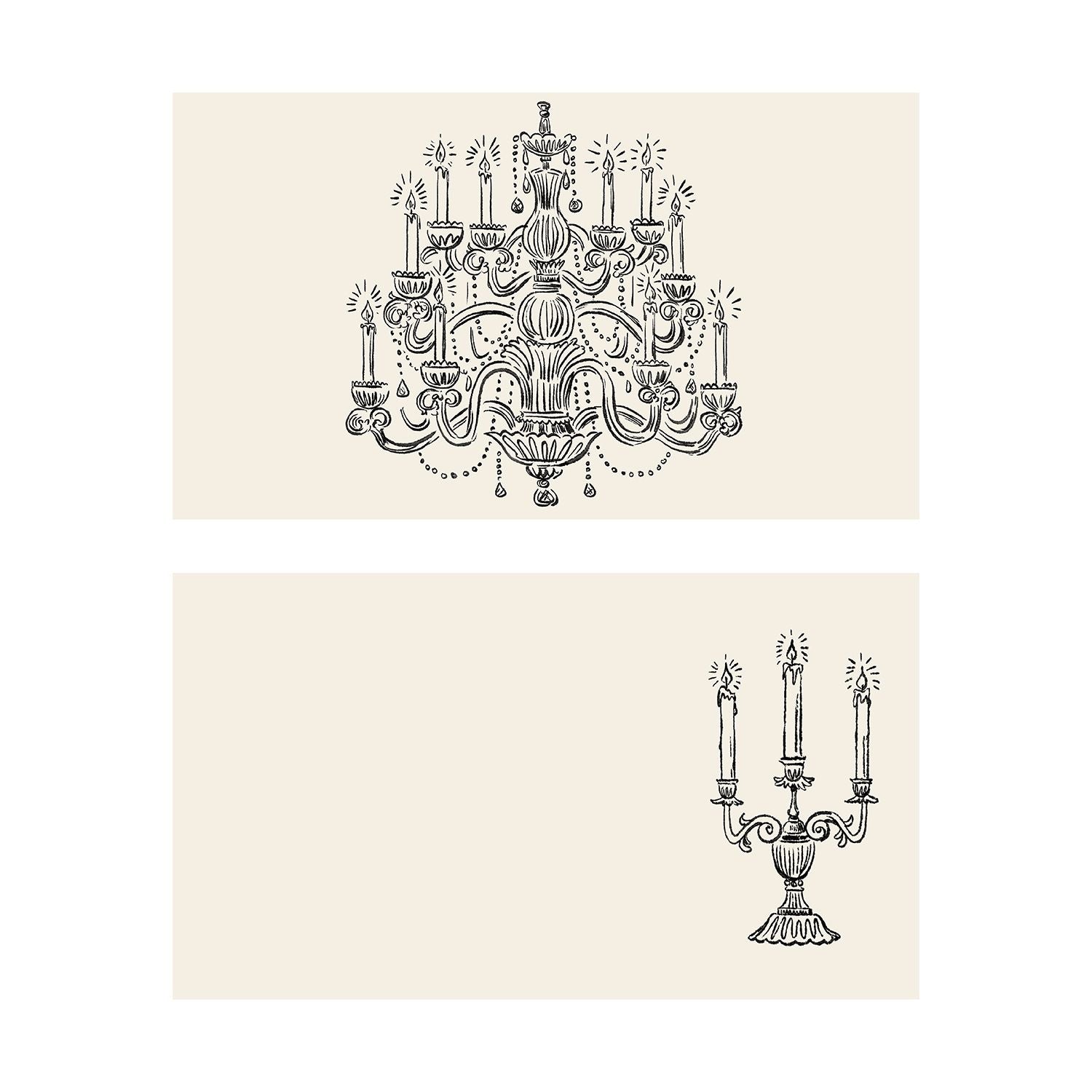 Two illustrated note card designs on a cream background. The top card features a detailed black sketch of an ornate, glowing crystal chandelier centered on the card. The bottom card has a clean layout featuring a matching black sketch of a three-arm candelabra with lit candles tucked into the right-hand side, leaving the remaining space blank.