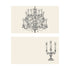 Two illustrated note card designs on a cream background. The top card features a detailed black sketch of an ornate, glowing crystal chandelier centered on the card. The bottom card has a clean layout featuring a matching black sketch of a three-arm candelabra with lit candles tucked into the right-hand side, leaving the remaining space blank.